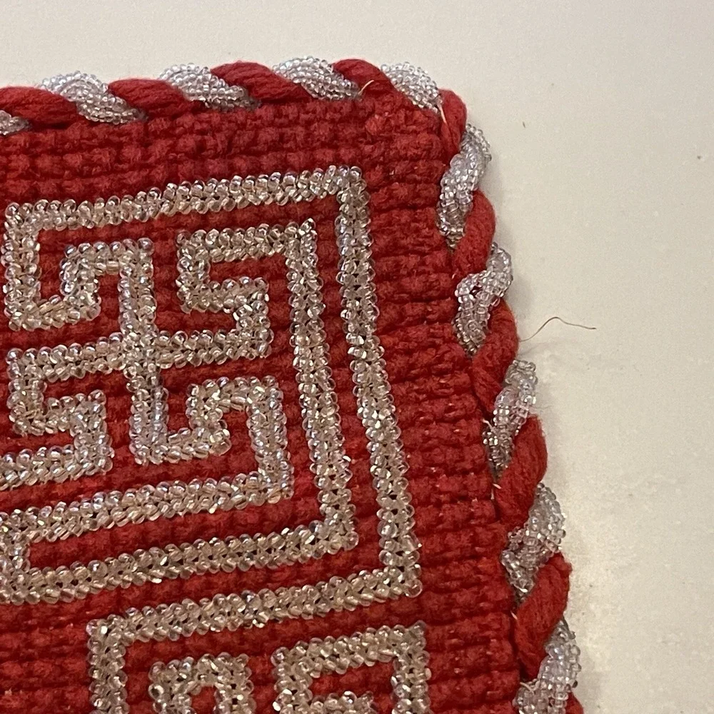 Table Mat Beaded Wool Good Luck Circa 1910 8.5